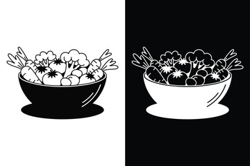 Bowl of Vegetables Icon Clean Silhouette Vector in B&W.