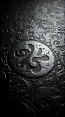 A close-up of a textured surface with a repeating pattern of interlocking shapes or symbols, resembling a dark background with a faint outline of a circular emblem in the center.