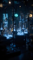 The image displays an array of glassware, illuminated by blue lights, arranged on a dark surface, likely a laboratory or a scientific setup.