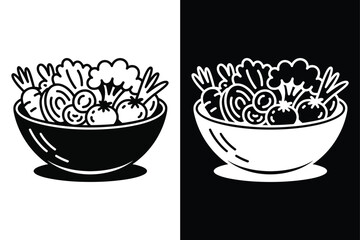 Vegetable Dish Clipart Black and White Bowl of Veggies Icon.
