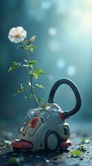 The image captures a whimsical scene where a flower is planted inside a vacuum cleaner, set against a blurred natural background.