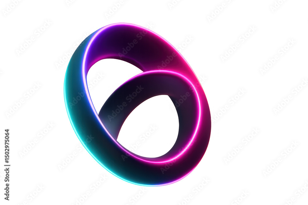 Poster neon pink and blue light tracing mobius strip, creating infinite loop on transparent backdrop, symbo