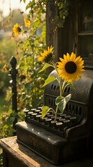A butterfly with blue and purple wings is perched on pink blossoms, with a soft, blurred background featuring a mix of pink and purple hues and shimmering lights.