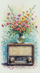 The image shows a close-up of large, vibrant green leaves with glistening water droplets, set against a blurred, natural backdrop with light shining through the foliage.