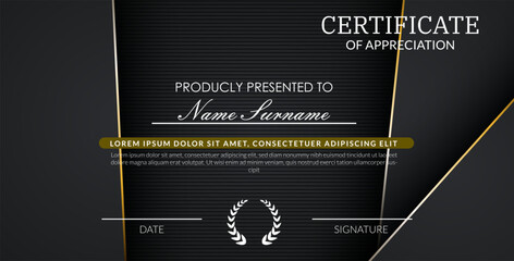 creative certificate of appreciation best award template with black golden list overlap background, Use for print, certificate, diploma, graduation eps10 vector template