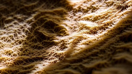 Detailed close-up of textured, wavy surface with intricate interconnected network in golden yellow light, creating abstract background - Powered by Adobe