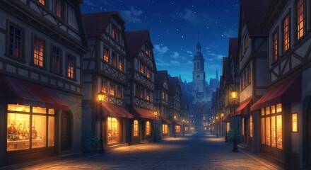 Fototapeta premium Enchanting Nighttime Vista of an Old European Town with Starry Sky and Glowing Lanterns