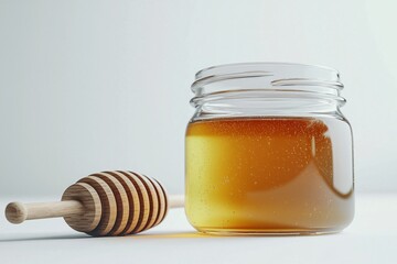 A close up studio shot showcases a glass jar filled with golden honey alongside a wooden dipper against a clean, bright white background creating a simple scene.