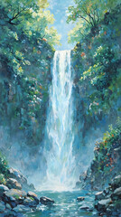 A tranquil watercolor painting depicting a serene waterfall cascading down a rocky cliff, surrounded by lush foliage and a clear blue sky.