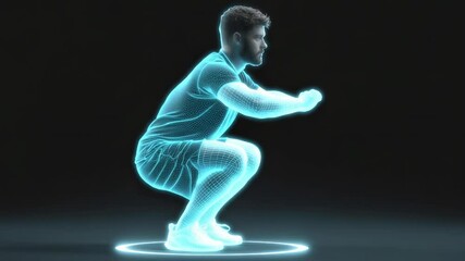 A man in athletic wear performs a squat, overlaid with a glowing digital wireframe and standing in a virtual circle. - Powered by Adobe
