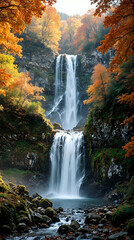 A picturesque image of a waterfall cascading down amidst autumnal trees, with a backdrop of mountains and a clear sky.