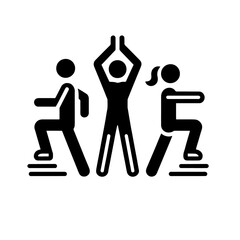group workout icon, 3 people exercising, minimal outline, transparent background