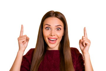 Portrait of astonished lady raising her fingers screaming wow omg wearing burgundy sweater isolated over yellow background