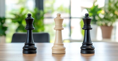 Chess piece trio strategic game on wooden surface indoors