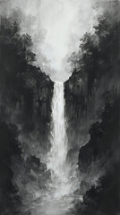 A dramatic black and white painting depicting a waterfall cascading down a steep cliff, surrounded by dense foliage.