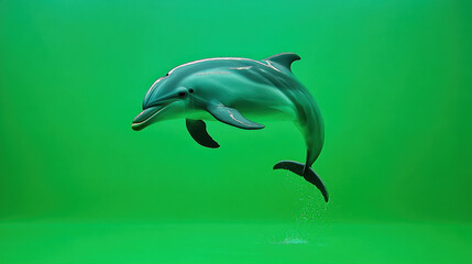 Dolphin leaps against vibrant green background