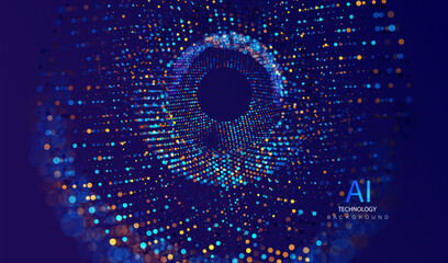 Ai circle particles dots technology banner. Big data neon network background. Intelligence artificial cyber connect design.