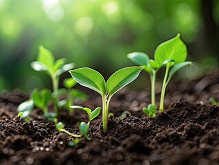 "Green Seedlings Growing in Rich Soil with Sunlight in Nature Garden"