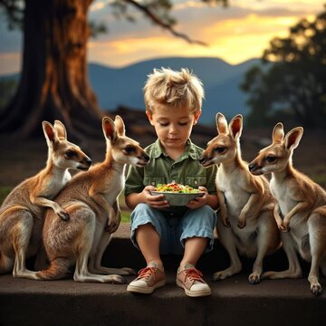 Young boy outdoors having his lunch and the small kangaroos are by his side 