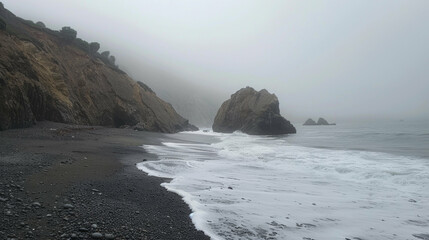 Misty coastal beach scene rocks waves