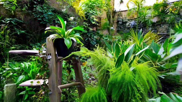 Tropical greenhouse featuring lush green foliage, ferns, potted plants, and wooden ladders creating a vibrant and relaxing botanical scene. - Powered by Adobe