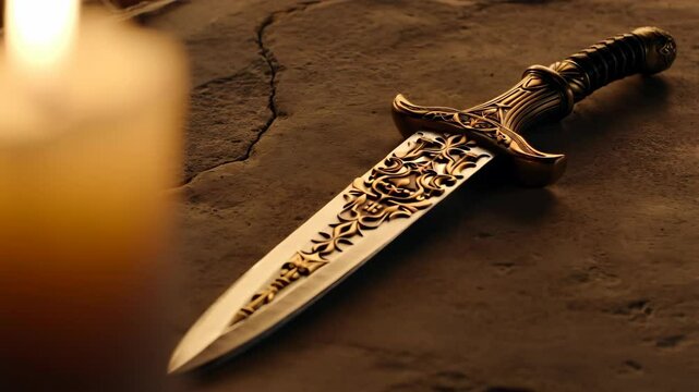 Ornate dagger with a golden hilt lies on a rough stone surface with candle light casting a warm glow in the scene.