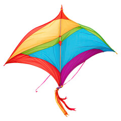 A vibrant, multicolored kite, perfect for a sunny day's outdoor fun. Its bright colors and playful design make it an exciting toy for children.