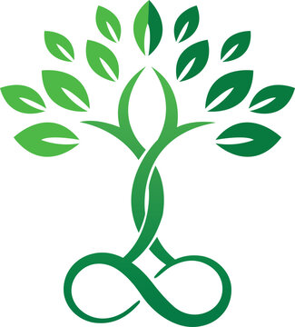 A stylized green tree with intertwining trunk forming an infinity symbol, symbolizing growth, sustainability, and eternal life. Ideal for eco, wellness, or nature-themed concepts.