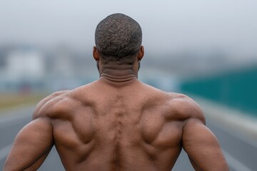Athlete performs back stretching exercises on track field during early morning fog