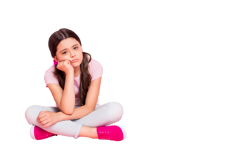 Full size photo of little lady sit floor boring lecture last class before vacation dressed casual outfit isolated pink background