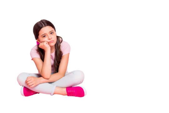 Full size photo of little lady sit floor boring lecture last class before vacation dressed casual outfit isolated pink background