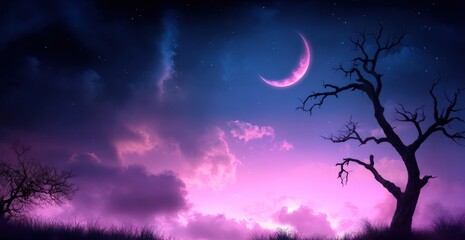Naklejka premium Night sky with crescent moon silhouette tree cloudscape in purple and blue tones