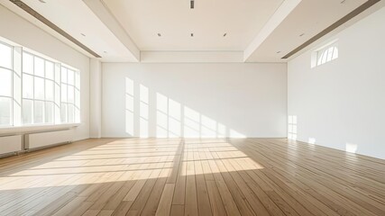 Fototapeta premium Sunlight Drenched Room with Wooden Floor and Large Windows