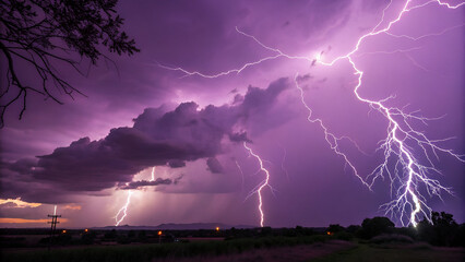 Purple lightning streaks flash across a brooding storm sky, capturing nature’s raw and electrifying power at night.