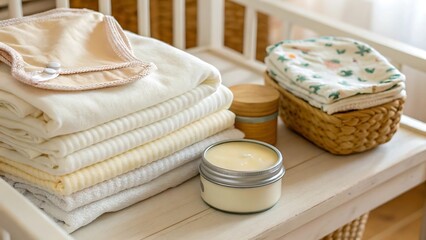 Neat Stack of Baby Clothes and Soft Towels with Natural Skincare Products