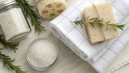 Relaxing Spa Setting with Rosemary Bath Salts Soap and Towels