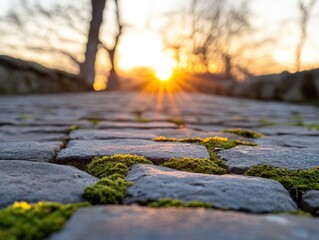 Fototapeta premium Cobblestone path with moss at sunset natural stone texture and warm sunlight