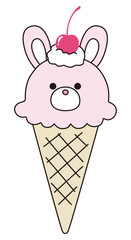 かわいいうさぎのアイスクリームのベクターイラスト。チェリー、ホイップ、デザート