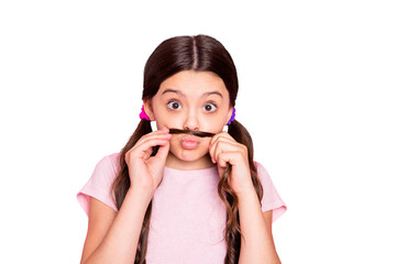 Close up photo of cheerful kid making faces mustache with pouted plump lips wear white t-shirt...