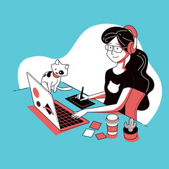 Funny cartoon vector illustration of a business woman with a laptop in a cafe