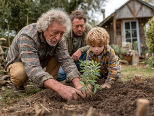 Fototapeta premium Grandfather, father, and little son planting a small tree together in a garden
