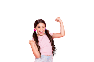 Portrait of cheerful girl raising fists screaming yeah wearing white t-shirt isolated over pink background