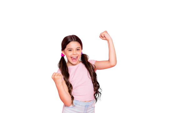 Portrait of cheerful girl raising fists screaming yeah wearing white t-shirt isolated over pink background