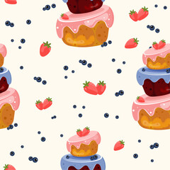 Seamless Vector Pattern with Three-Tier Birthday Cake, Strawberries and Blueberries on Light Background – Cute Festive Dessert Design for Kids, Party Decorations, Seasonal Wrapping, and Holiday Produc