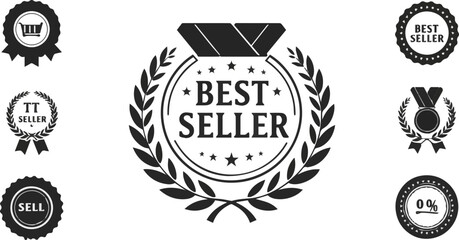 Obraz premium Create a Best Seller icon sign with laurel and medal vector icon, seller symbol isolated on black background, sell business concept