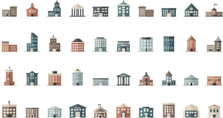 Create a idling's icon set, skyscraper, Architecture buildings icon. Hospital, town house, museum. Bank, Hotel, Courthouse. City, Real estate symbol, Vector illustration color with white background.