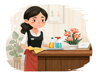 a hotel room cleaning lady illustration