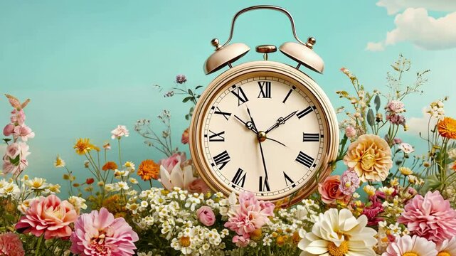 Timeless beauty: vintage clock amidst blooming wildflowers under clear skies