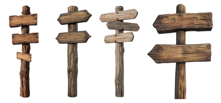 Set of Wooden Direction Signs  isolated on transparent or white background	
 