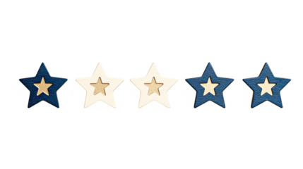 isolated transparent Background. Five wooden stars, alternating blue and natural color, arranged in minimalist horizontal row